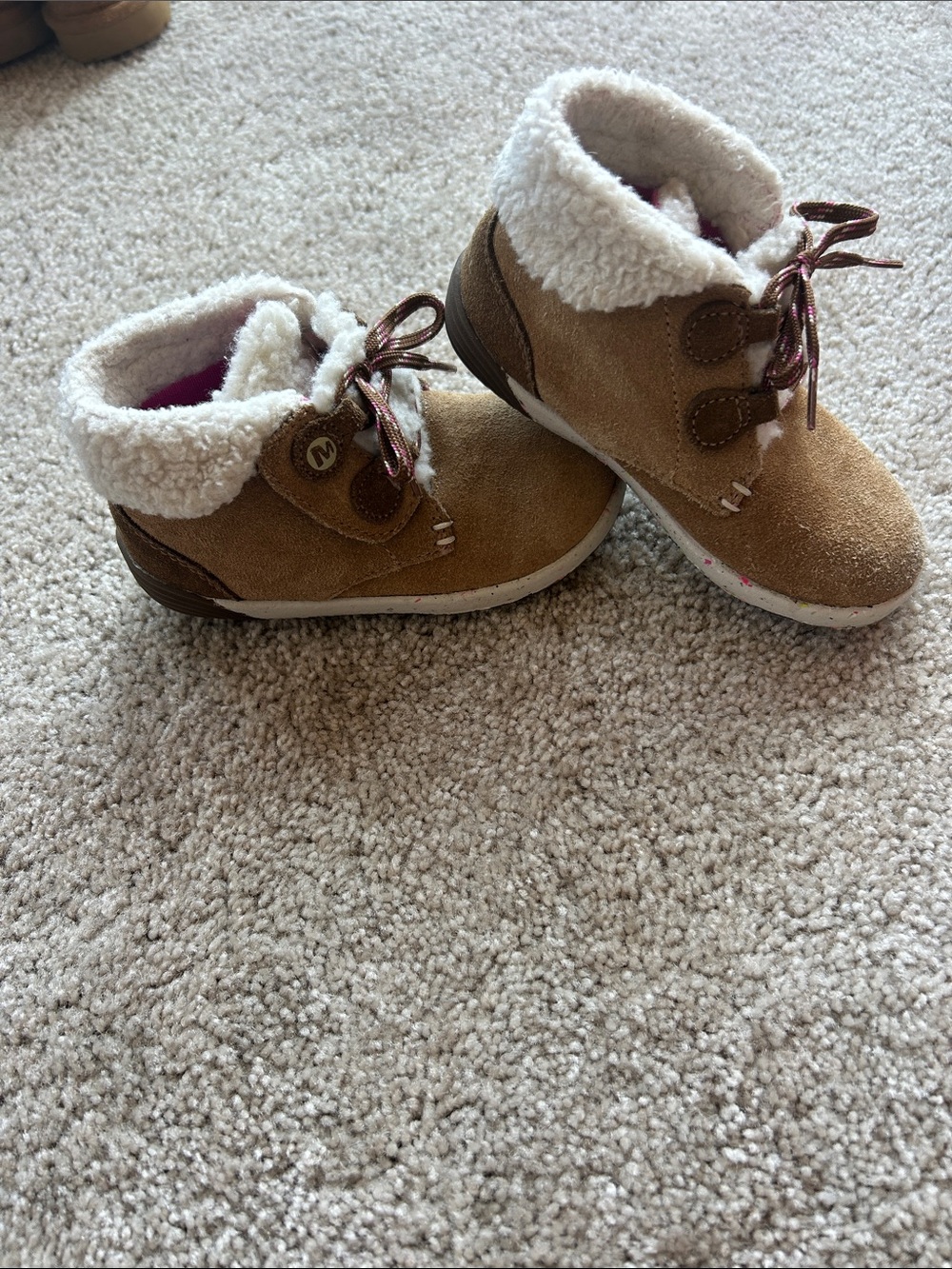 Merrell Brown Faux-Suede Kids Boots with Pink-Trim Laces